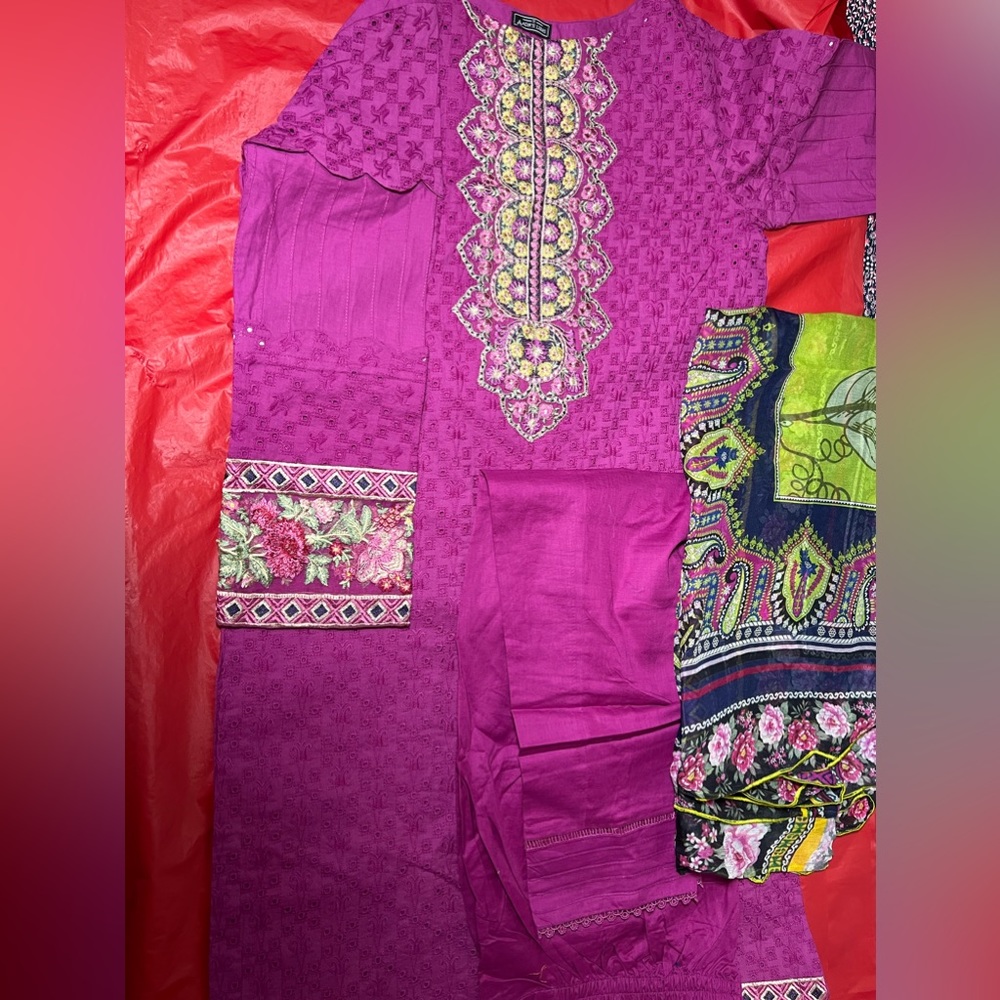 Cotton Chickenkari suit with chiffon duppta full 3pc
